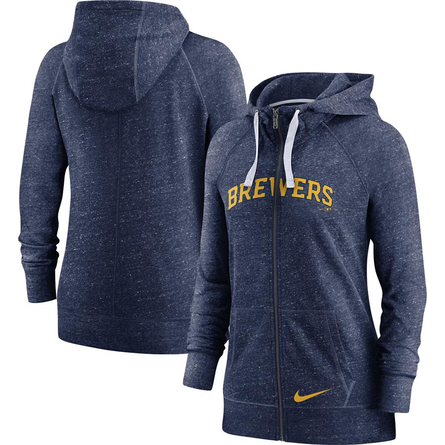 Milwaukee Brewers Nike Women's Wordmark Gym Vintage Raglan Full-Zip Hoodie - Heathered Navy