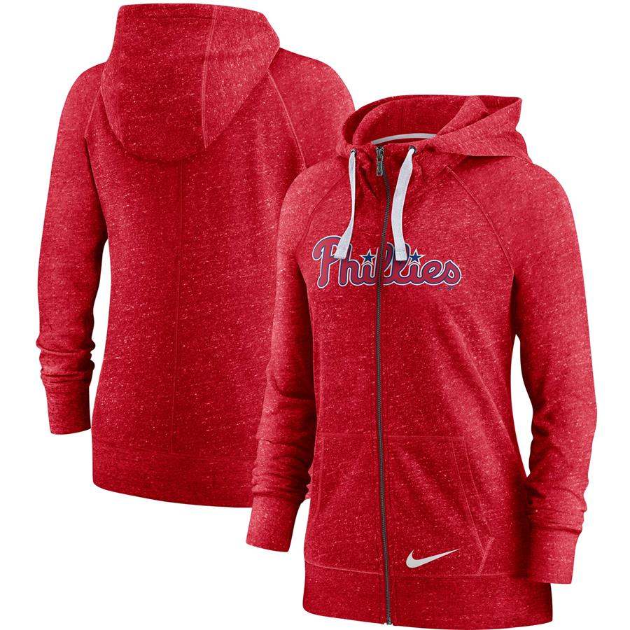 Philadelphia Phillies Nike Women's Wordmark Gym Vintage Raglan Full-Zip Hoodie - Heathered Red