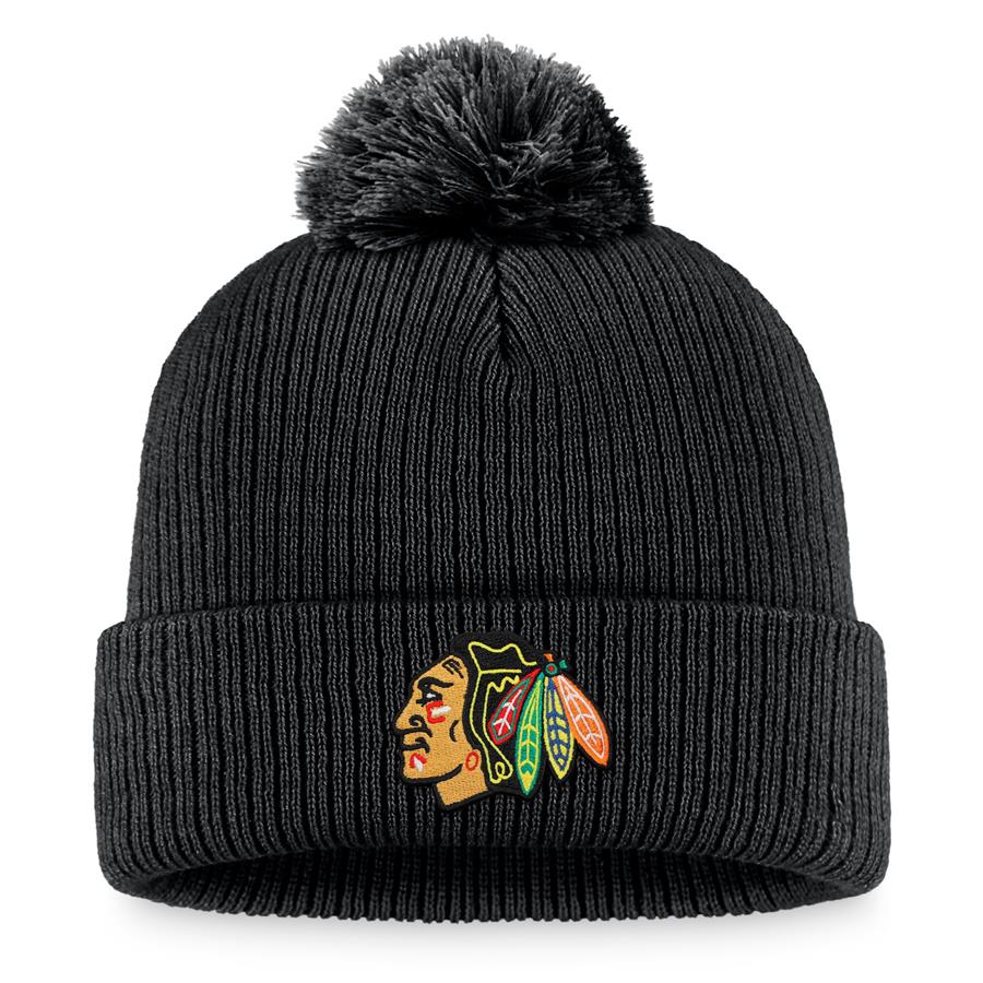 Chicago Blackhawks Fanatics Branded Core Primary Logo Cuffed Knit Hat with Pom - Black