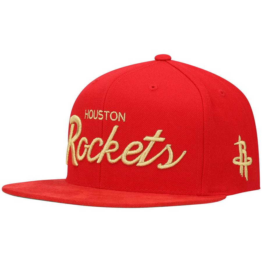 Houston Rockets Mitchell & Ness Gold Script Adjustable Snapback Hat - Red