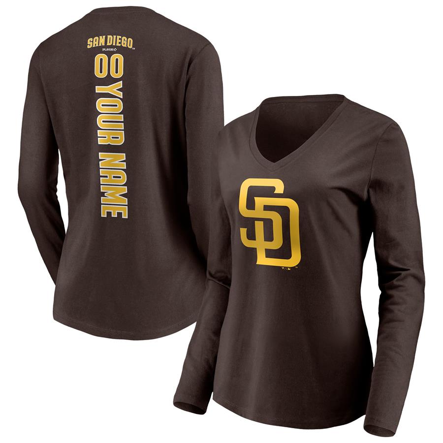 San Diego Padres Fanatics Branded Women's Personalized Playmaker Logo Name & Number Long Sleeve V-Neck T-Shirt - Brown