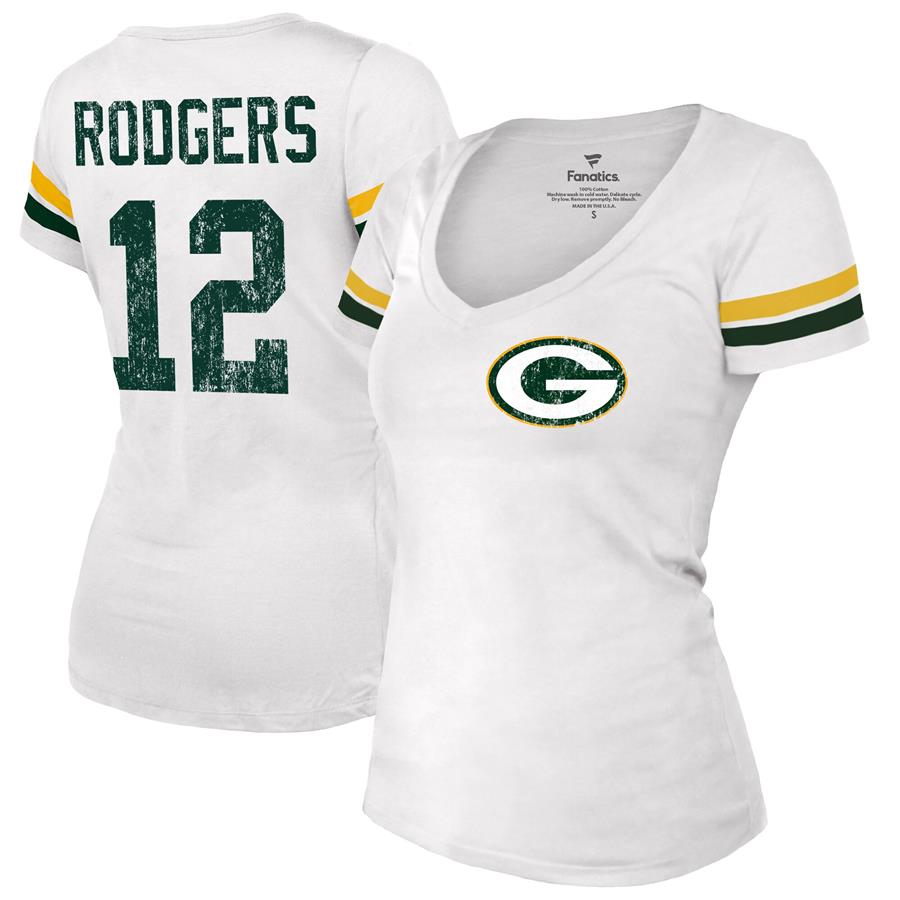 Aaron Rodgers Green Bay Packers Fanatics Branded Women's Fashion Player Name & Number V-Neck T-Shirt - White