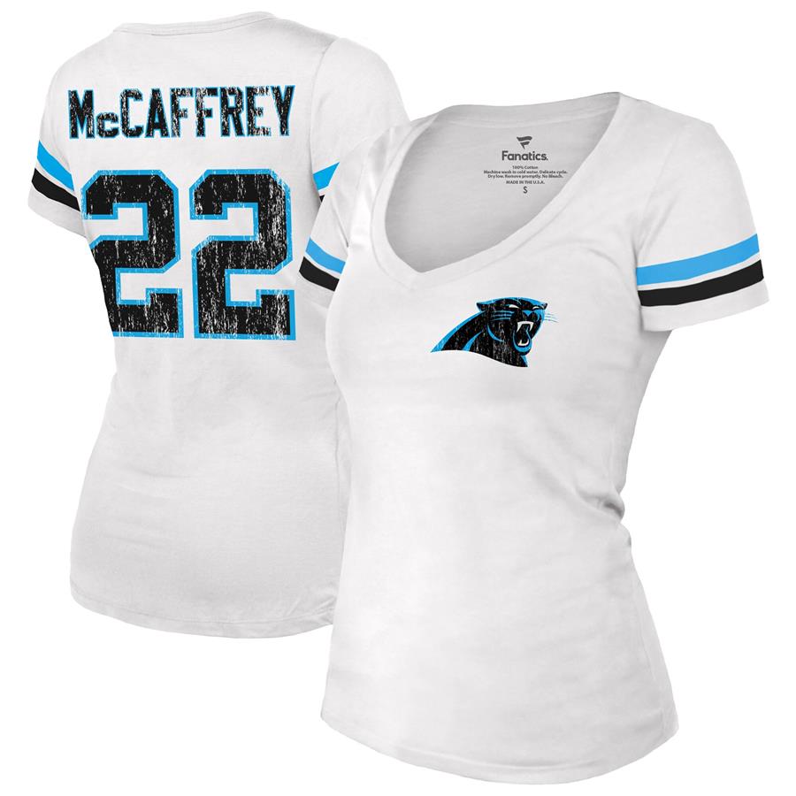 Christian McCaffrey Carolina Panthers Fanatics Branded Women's Fashion Player Name & Number V-Neck T-Shirt - White