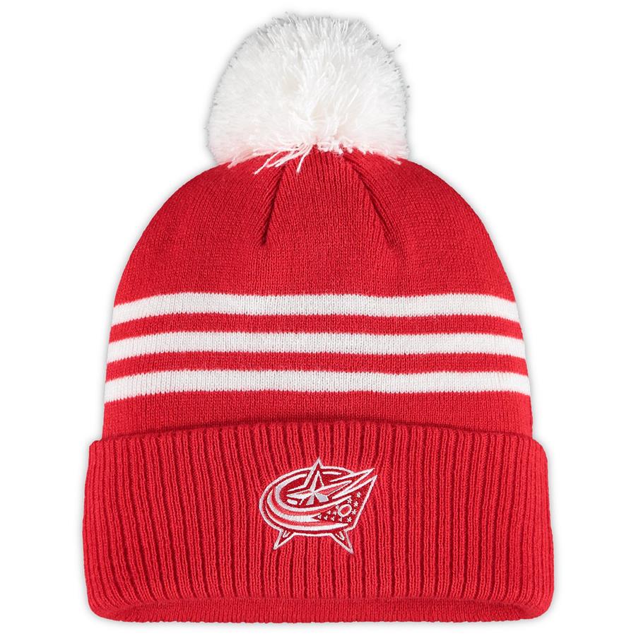 Columbus Blue Jackets adidas Three-Stripe Cuffed Knit Hat with Pom - Red