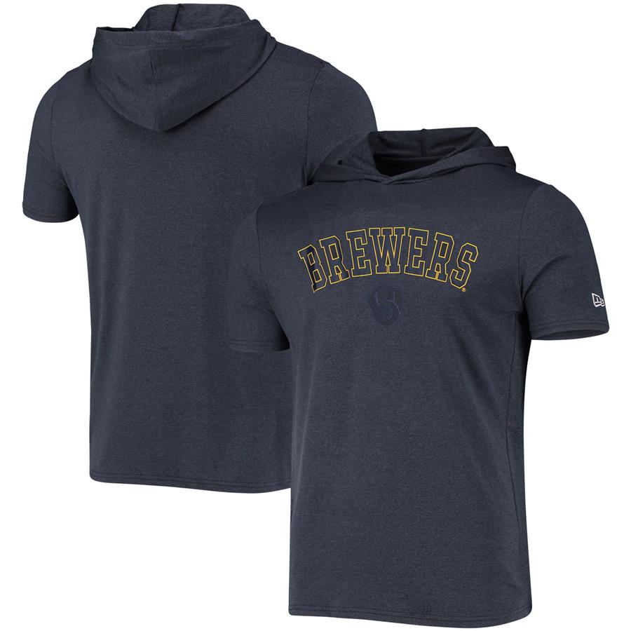 Milwaukee Brewers New Era Brushed Short Sleeve Pullover Hoodie - Heathered Navy