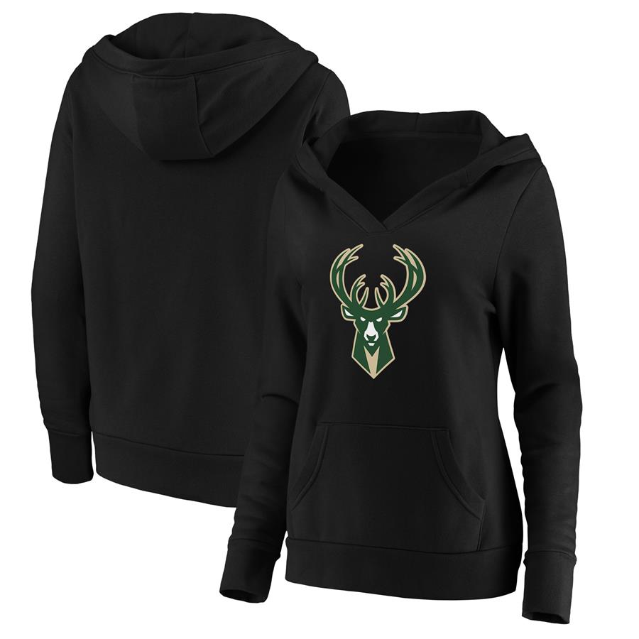 Milwaukee Bucks Fanatics Branded Women's Primary Logo V-Neck Pullover Hoodie - Black