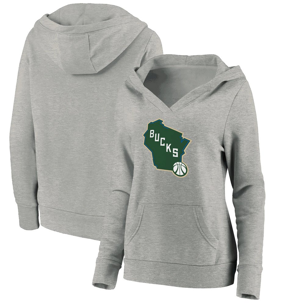 Milwaukee Bucks Fanatics Branded Women's Alternate Logo V-Neck Pullover Hoodie - Heathered Gray