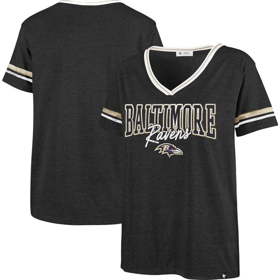 Baltimore Ravens '47 Women's Hollow Bling Piper Luxe V-Neck T-Shirt - Heathered Black