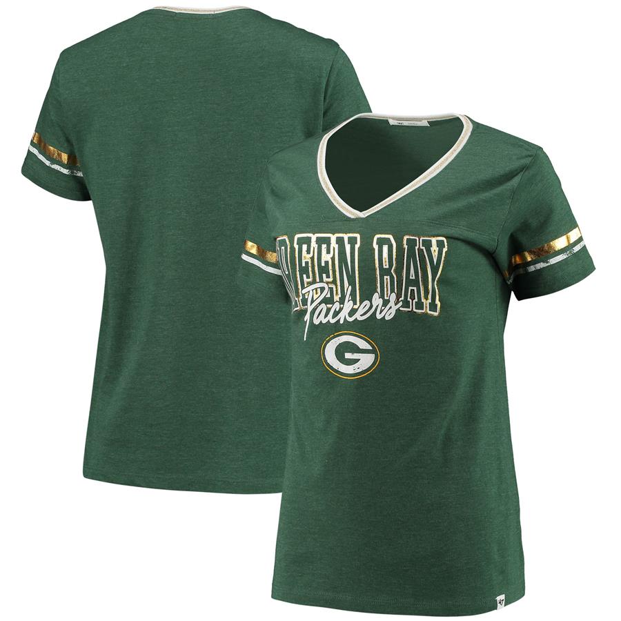 Green Bay Packers '47 Women's Hollow Bling Piper Luxe V-Neck T-Shirt - Heathered Green