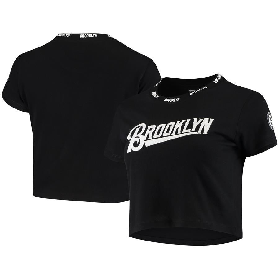 Brooklyn Nets New Era Women's Brushed Jersey Cropped T-Shirt - Black