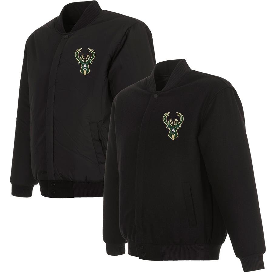 Milwaukee Bucks JH Design Reversible Front Embroidered Wool Full-Snap Jacket - Black