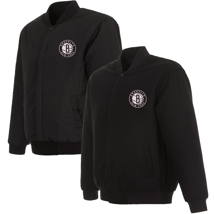 Brooklyn Nets JH Design Reversible Front Embroidered Wool Full-Snap Jacket - Black