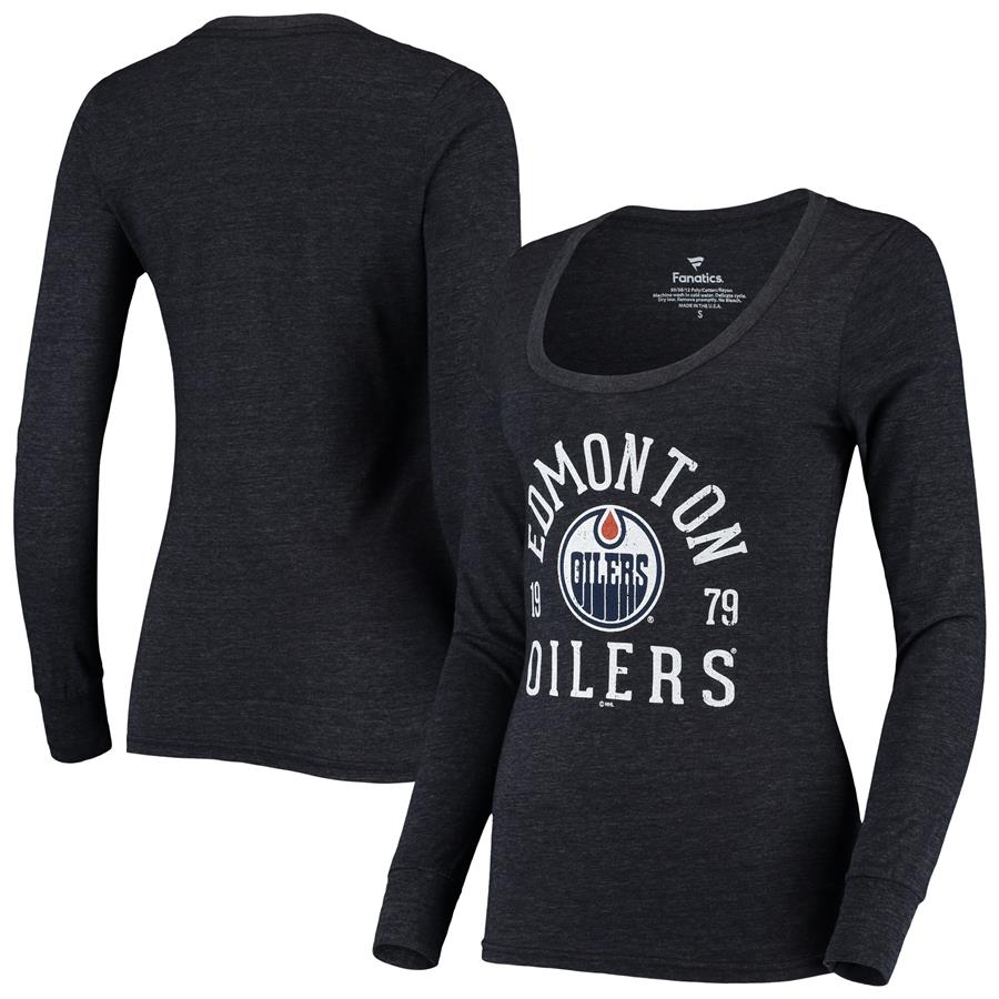 Edmonton Oilers Fanatics Branded Women's Puck Hog Tri-Blend Scoop Neck Long Sleeve T-Shirt - Heathered Navy