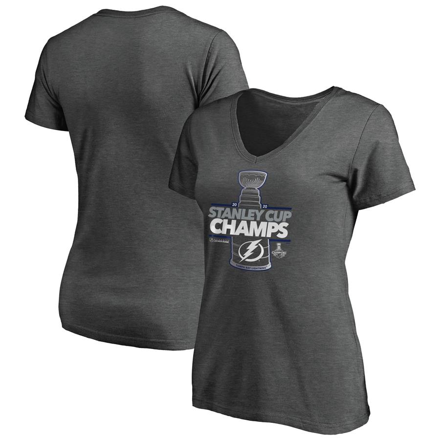 Tampa Bay Lightning Fanatics Branded Women's 2020 Stanley Cup Champions Locker Room Laser Shot V-Neck T-Shirt - Heather Charcoal