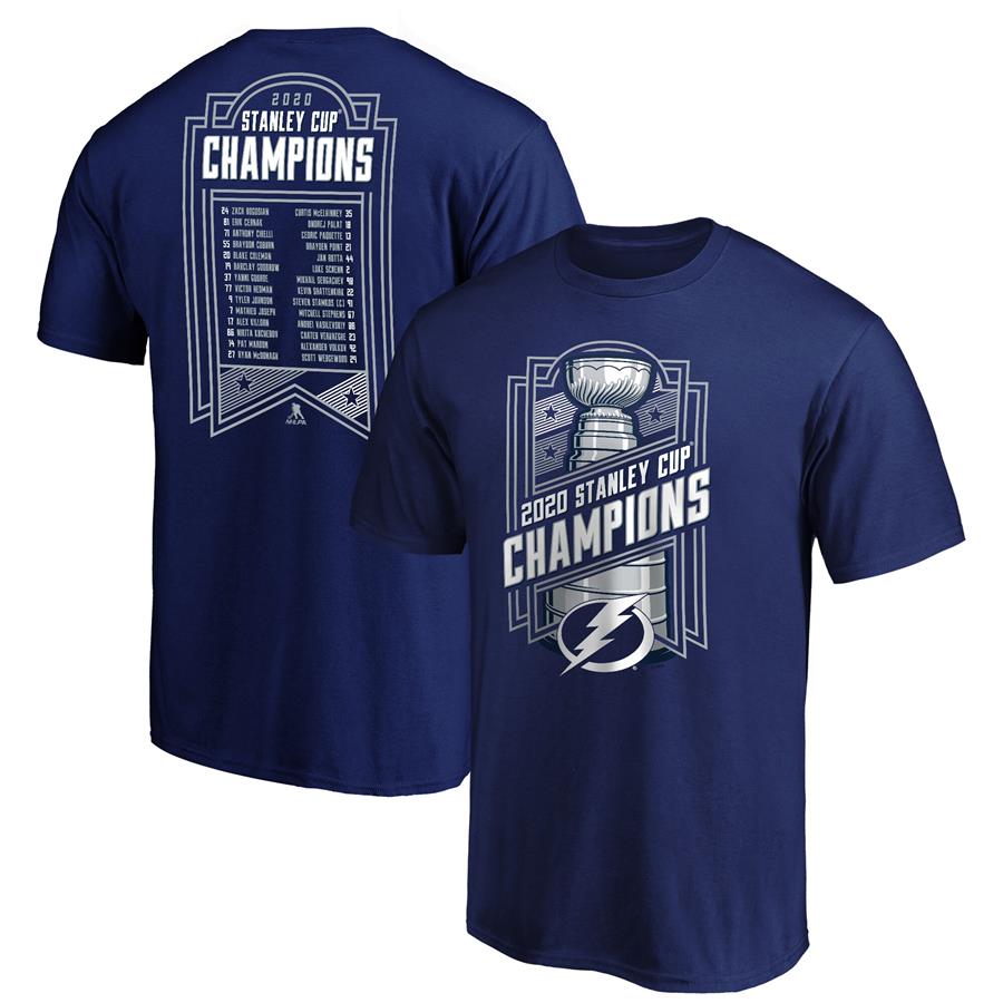 Tampa Bay Lightning Fanatics Branded 2020 Stanley Cup Champions Give and Go Roster T-Shirt - Blue