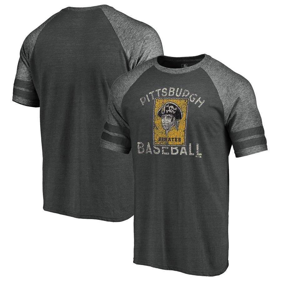 Pittsburgh Pirates Fanatics Branded Cooperstown Collection Stripes Raglan Tri-Blend T-Shirt - Heathered Charcoal