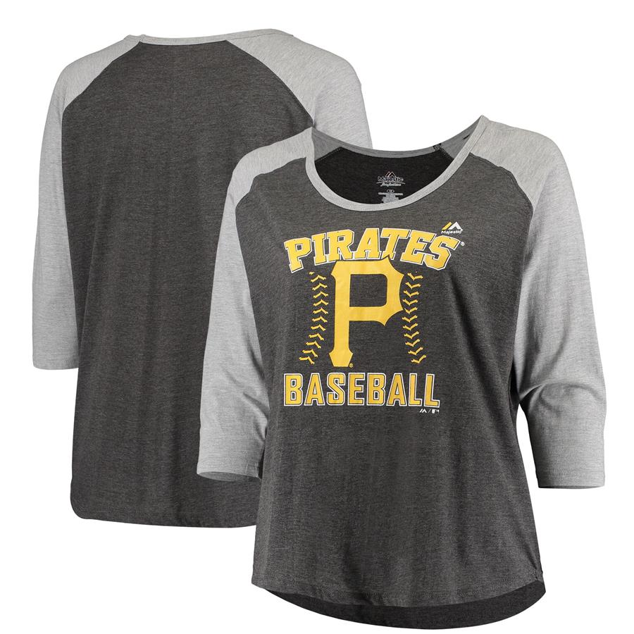 Pittsburgh Pirates Majestic Women's Breakout Scoop Neck Raglan Half-Sleeve T-Shirt - Heathered Charcoal