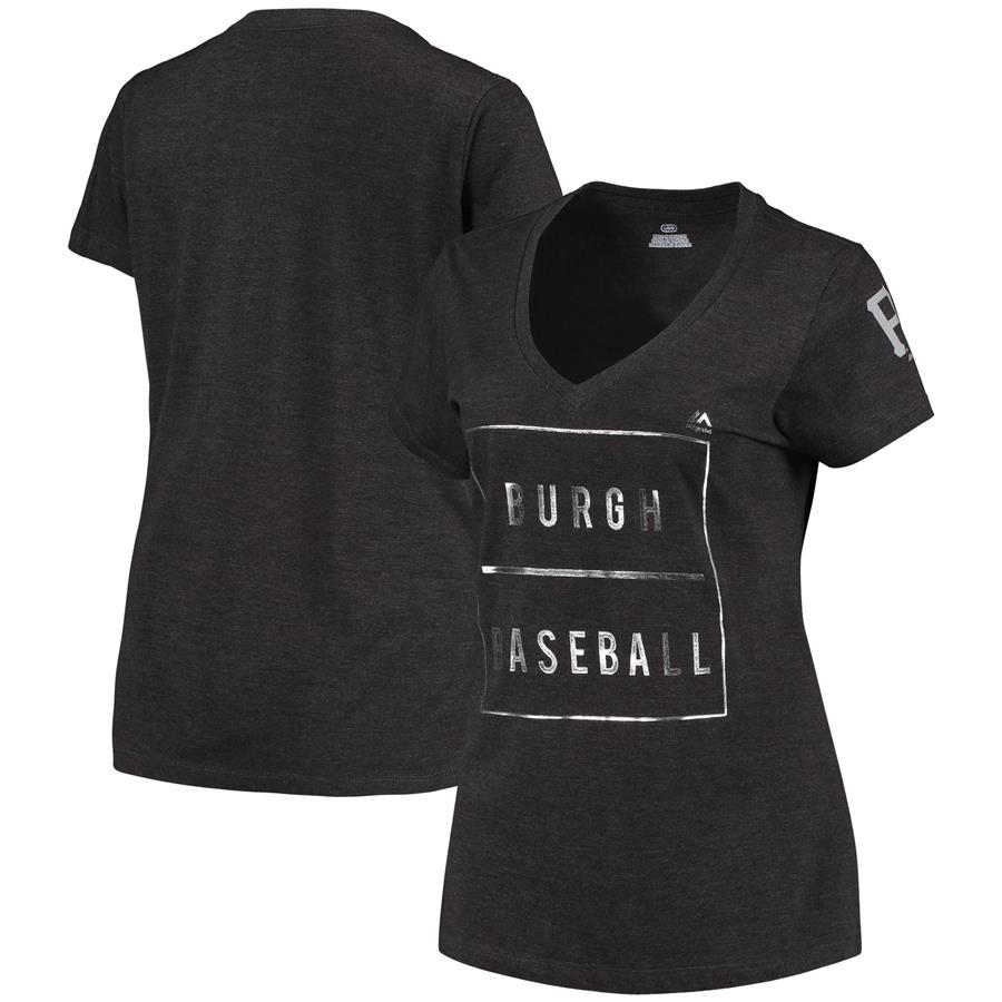 Pittsburgh Pirates Majestic Women's Cut-Off V-Neck T-Shirt - Heathered Charcoal