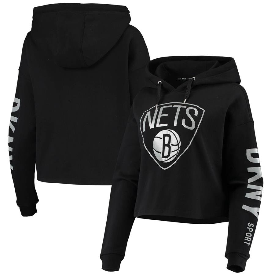 Brooklyn Nets DKNY Sport Women's Lydia Cropped Pullover Hoodie - Black