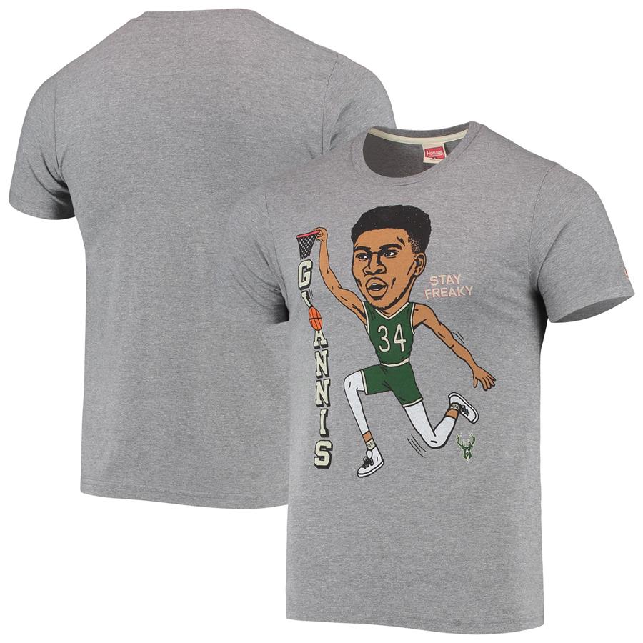 Giannis Antetokounmpo Milwaukee Bucks Homage Caricatures Tri-Blend T-Shirt - Heathered Gray