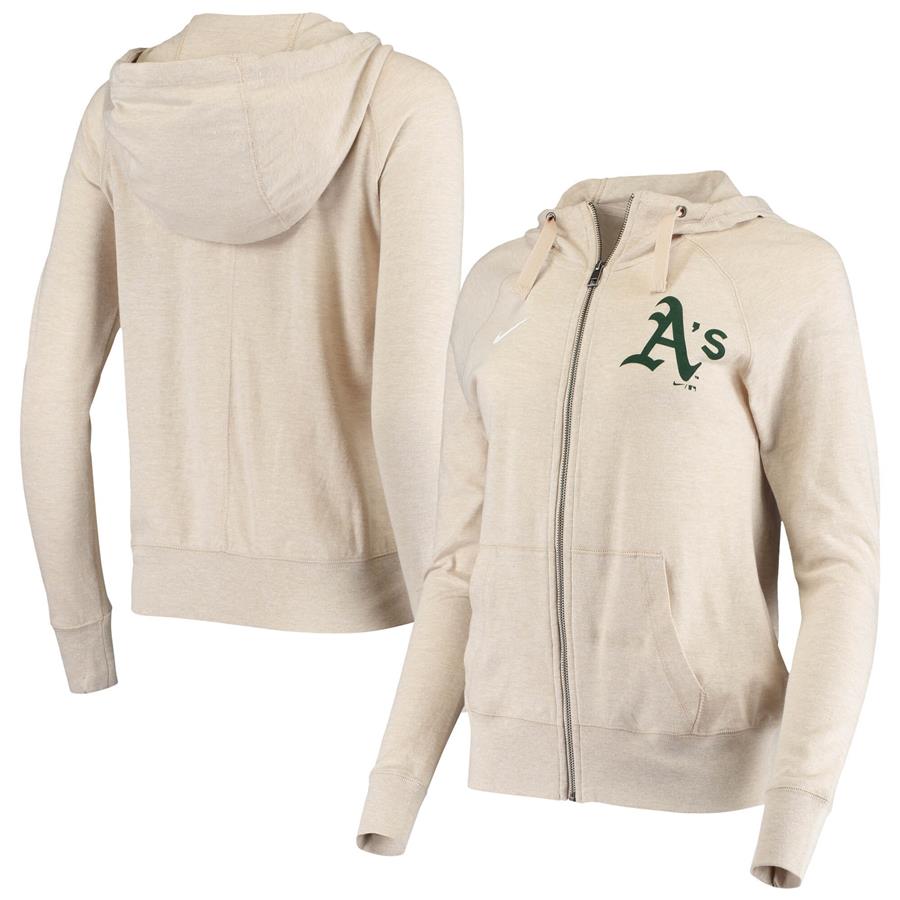 Oakland Athletics Nike Women's Gym Vintage Raglan Full-Zip Hoodie - Heathered Cream