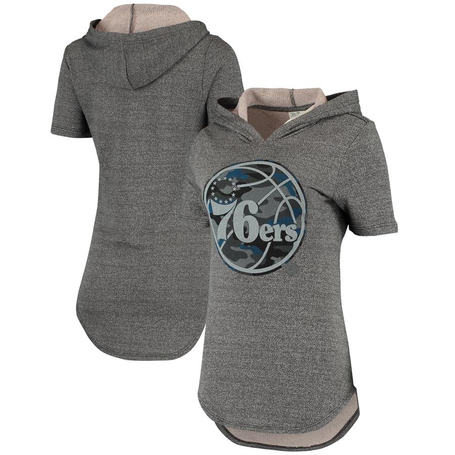 Philadelphia 76ers Majestic Threads Women's Camo Pop Tri-Blend Short Sleeve Pullover Hoodie - Heathered Black
