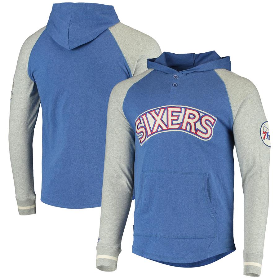 Philadelphia 76ers Mitchell & Ness Slugfest Raglan Henley Hoodie - Heathered Royal