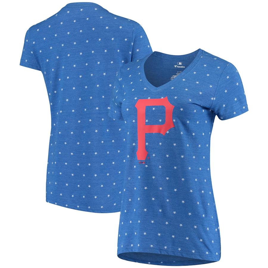 Pittsburgh Pirates Fanatics Branded Women's Star Spangled Tri-Blend V-Neck T-Shirt - Heathered Blue