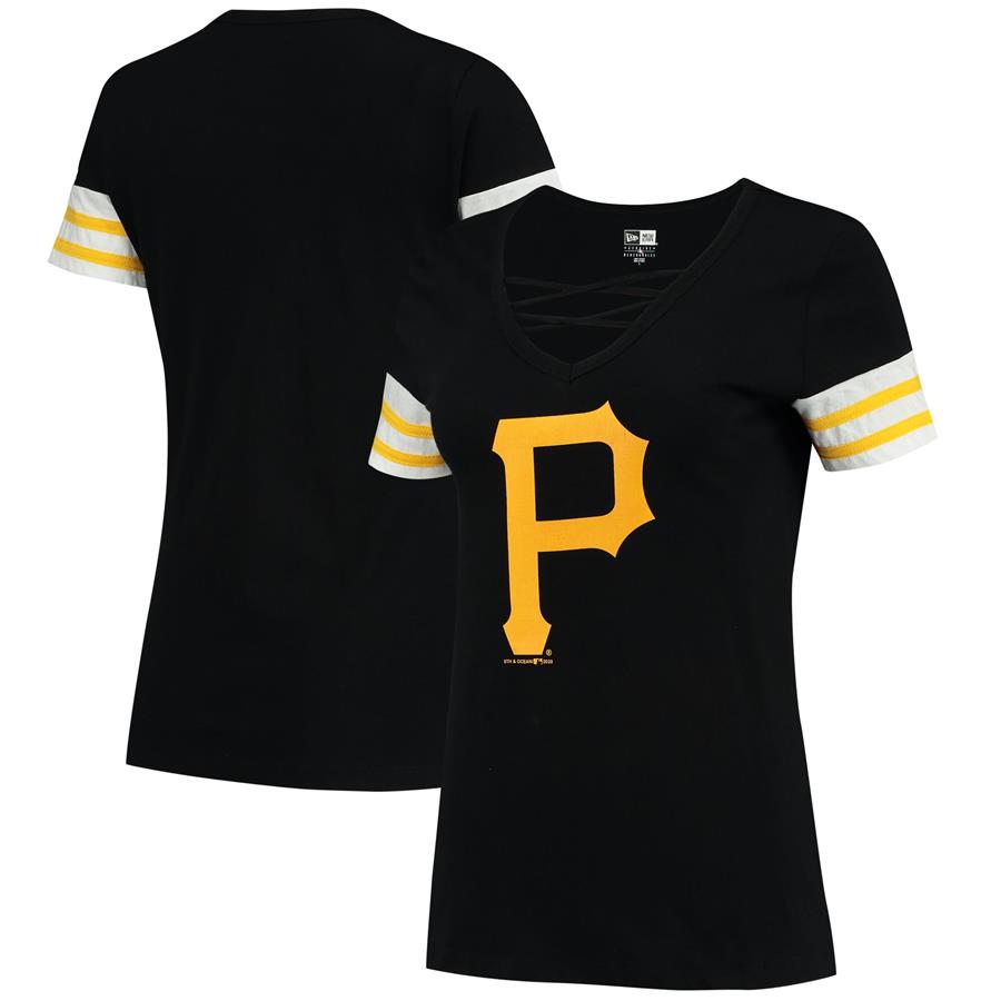 Pittsburgh Pirates 5th & Ocean by New Era Women's Stripey V-Neck T-Shirt - Black
