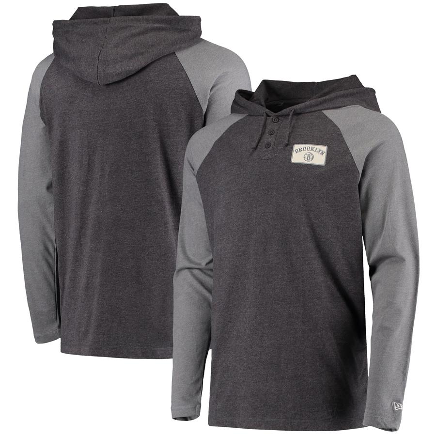 Brooklyn Nets New Era Henley Raglan Hoodie - Heathered Black