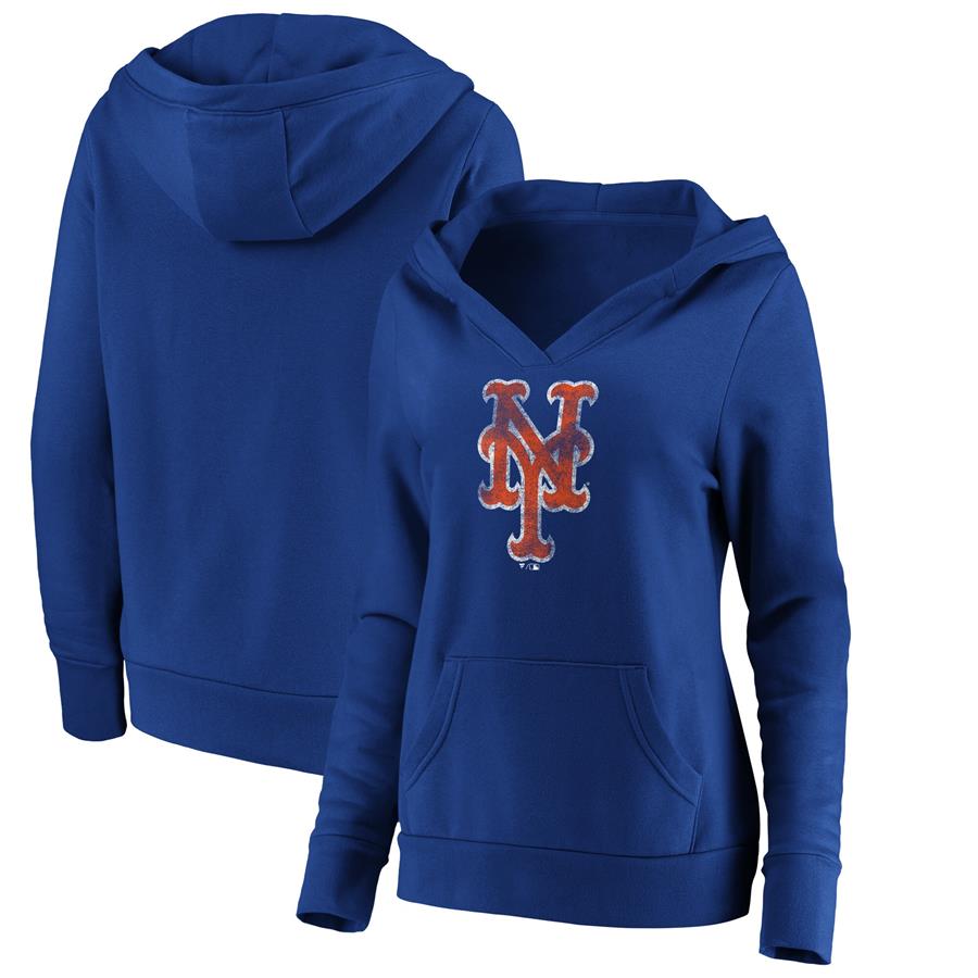 New York Mets Fanatics Branded Women's Distressed Team V-Neck Pullover Hoodie - Royal