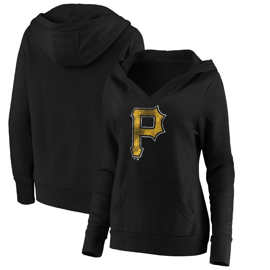 Pittsburgh Pirates Fanatics Branded Women's Distressed Team V-Neck Pullover Hoodie - Black
