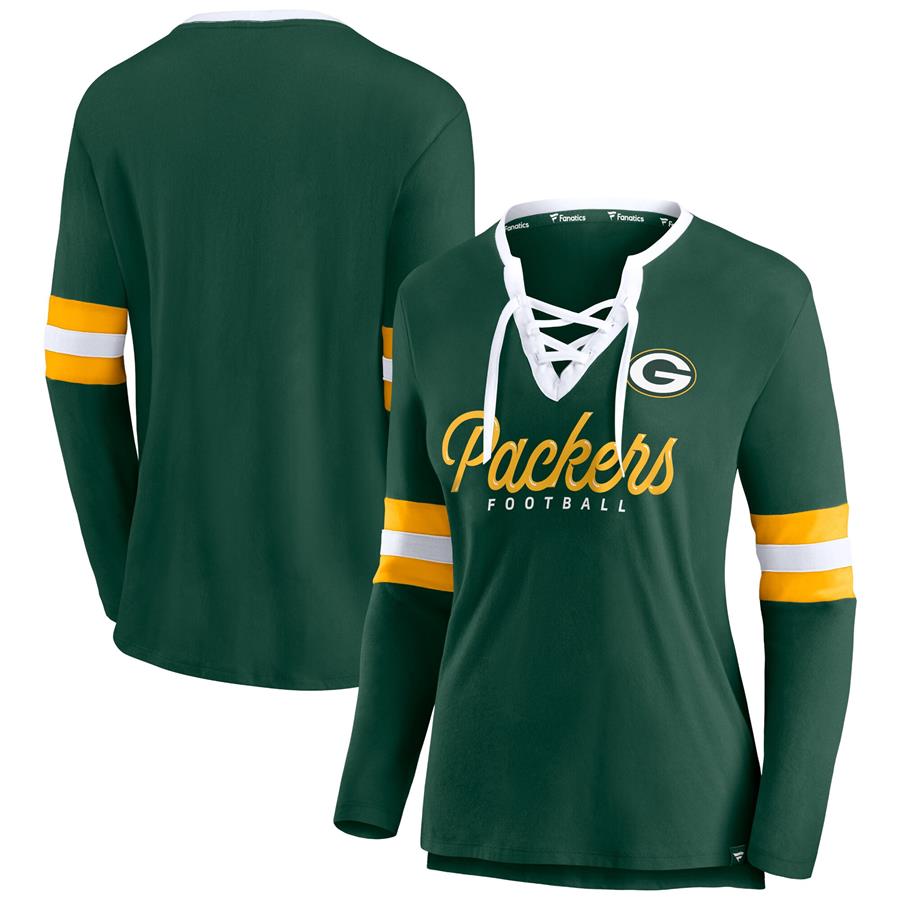 Green Bay Packers Fanatics Branded Women's Block Party Team Script Lace-Up Long Sleeve T-Shirt - Green