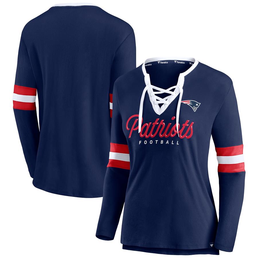 New England Patriots Fanatics Branded Women's Block Party Team Script Lace-Up Long Sleeve T-Shirt - Navy