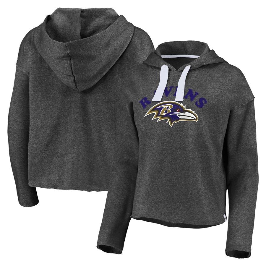 Baltimore Ravens Fanatics Branded Women's Historic Logo Sport Resort Vintage Arc Cropped Raw Edge Pullover Hoodie - Heathered Charcoal
