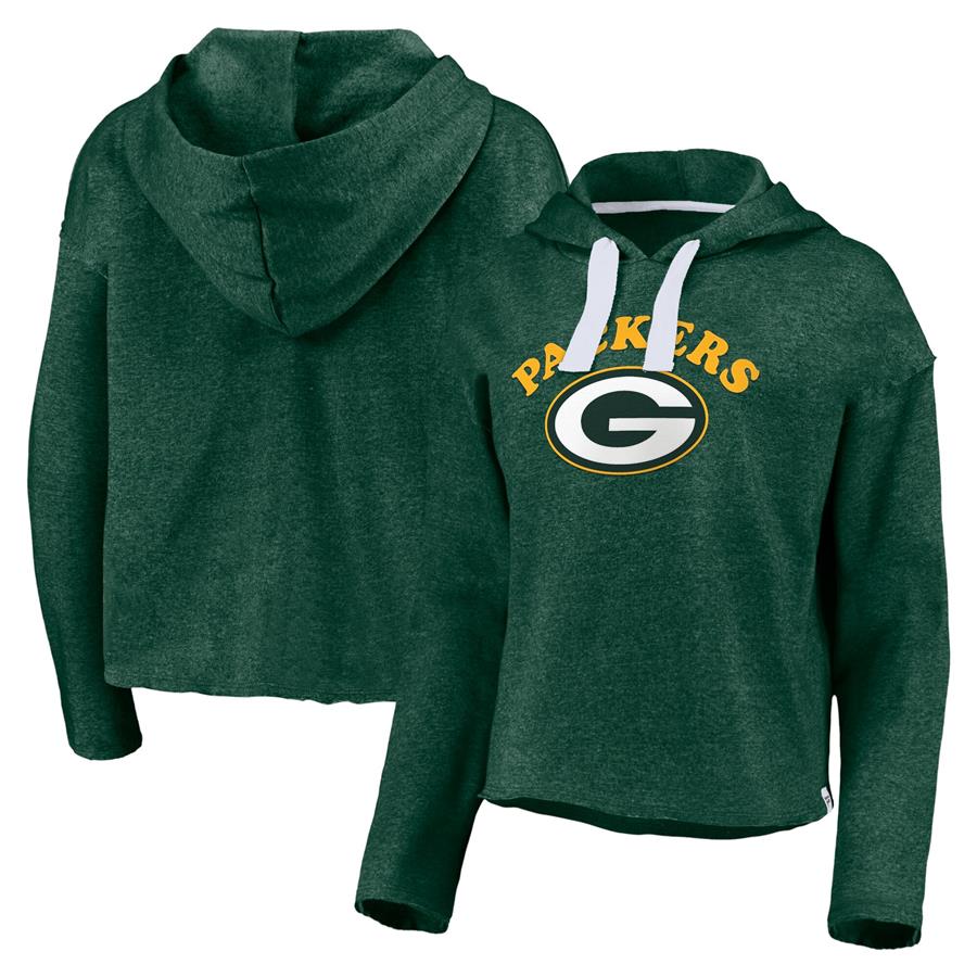 Green Bay Packers Fanatics Branded Women's Sport Resort Vintage Arc Cropped Raw Edge Pullover Hoodie - Heathered Green