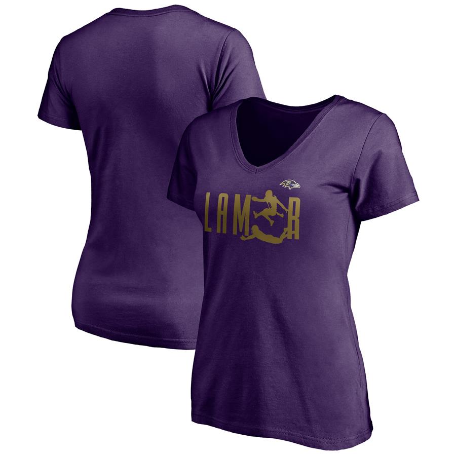 Lamar Jackson Baltimore Ravens Fanatics Branded Women's Checkdown V-Neck T-Shirt - Purple