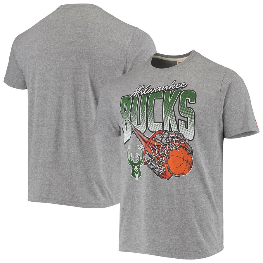 Milwaukee Bucks Homage Hoops On Fire Tri-Blend T-Shirt - Heathered Gray
