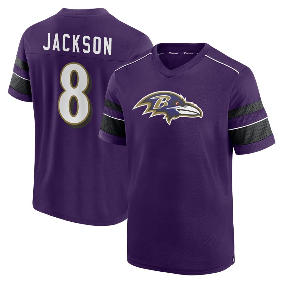 Lamar Jackson Baltimore Ravens Fanatics Branded Hashmark Name & Number V-Neck T-Shirt - Purple