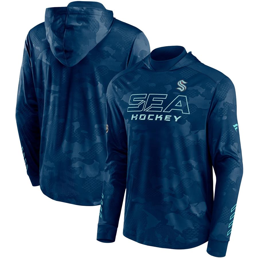 Seattle Kraken Fanatics Branded Authentic Pro Locker Room Camo Pullover Hoodie - Deep Sea Blue