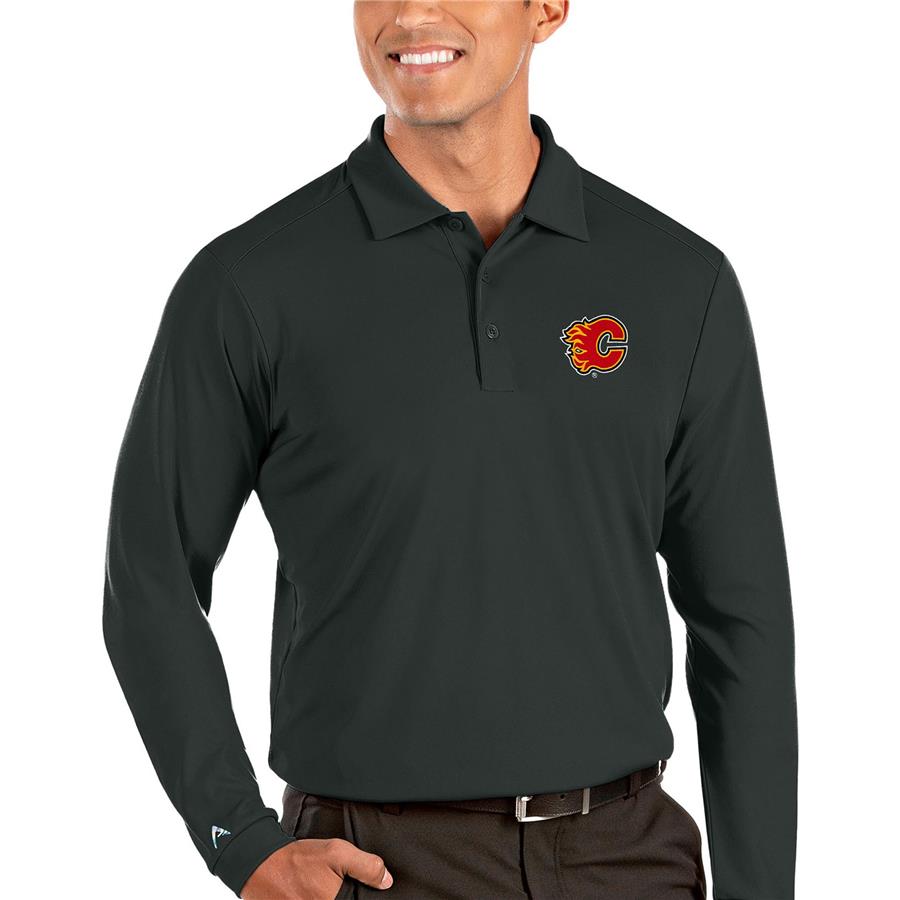 Calgary Flames Antigua Tribute Long Sleeve Polo - Charcoal