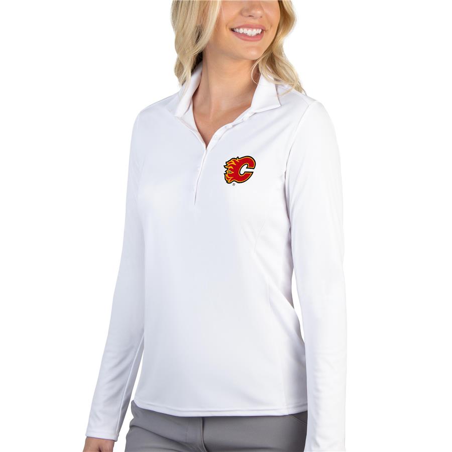 Calgary Flames Antigua Women's Tribute Long Sleeve Polo - White