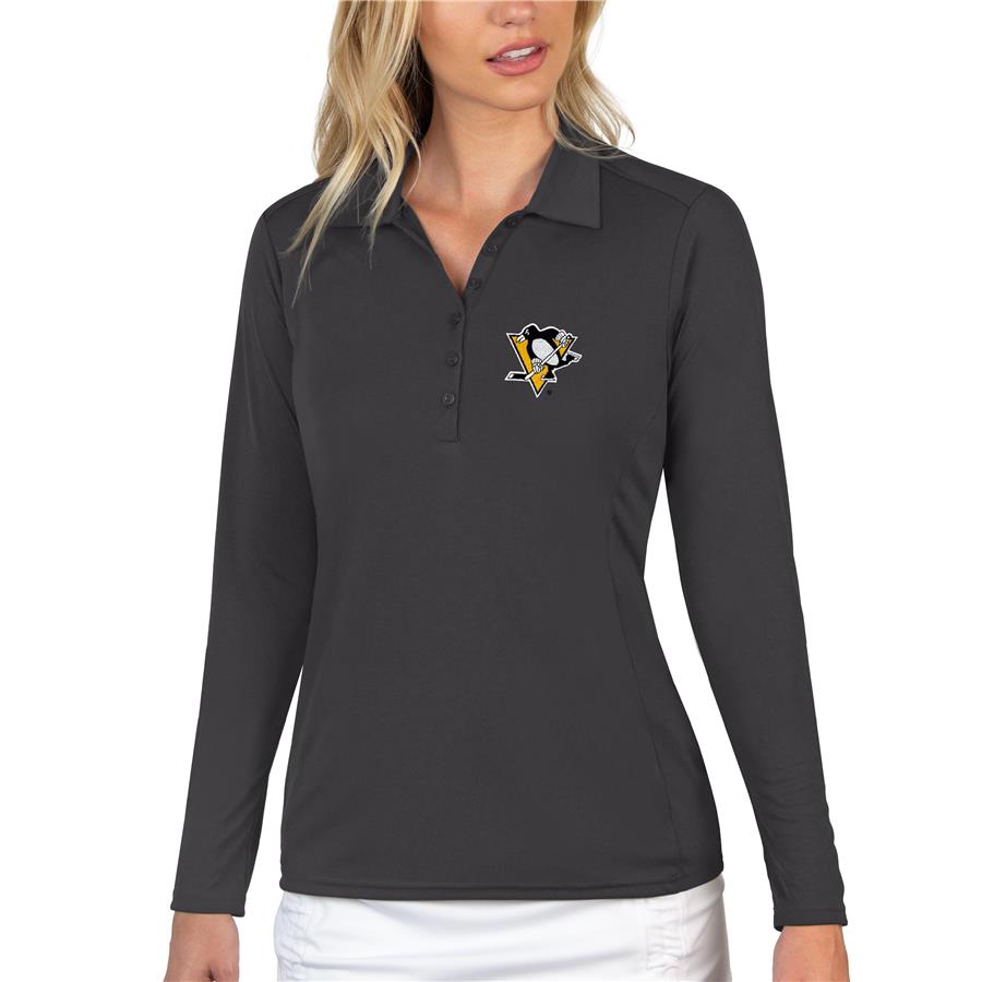 Pittsburgh Penguins Antigua Women's Tribute Long Sleeve Polo - Charcoal