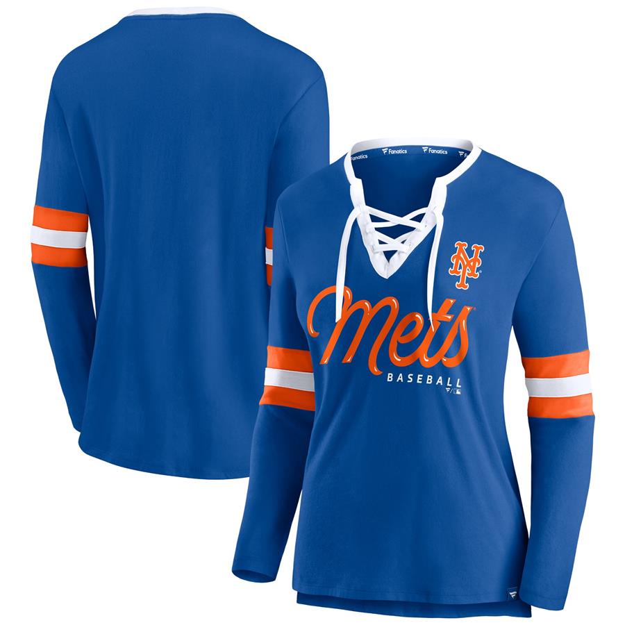 New York Mets Fanatics Branded Women's Team Script Long Sleeve Lace-Up Notch Neck T-Shirt - Royal