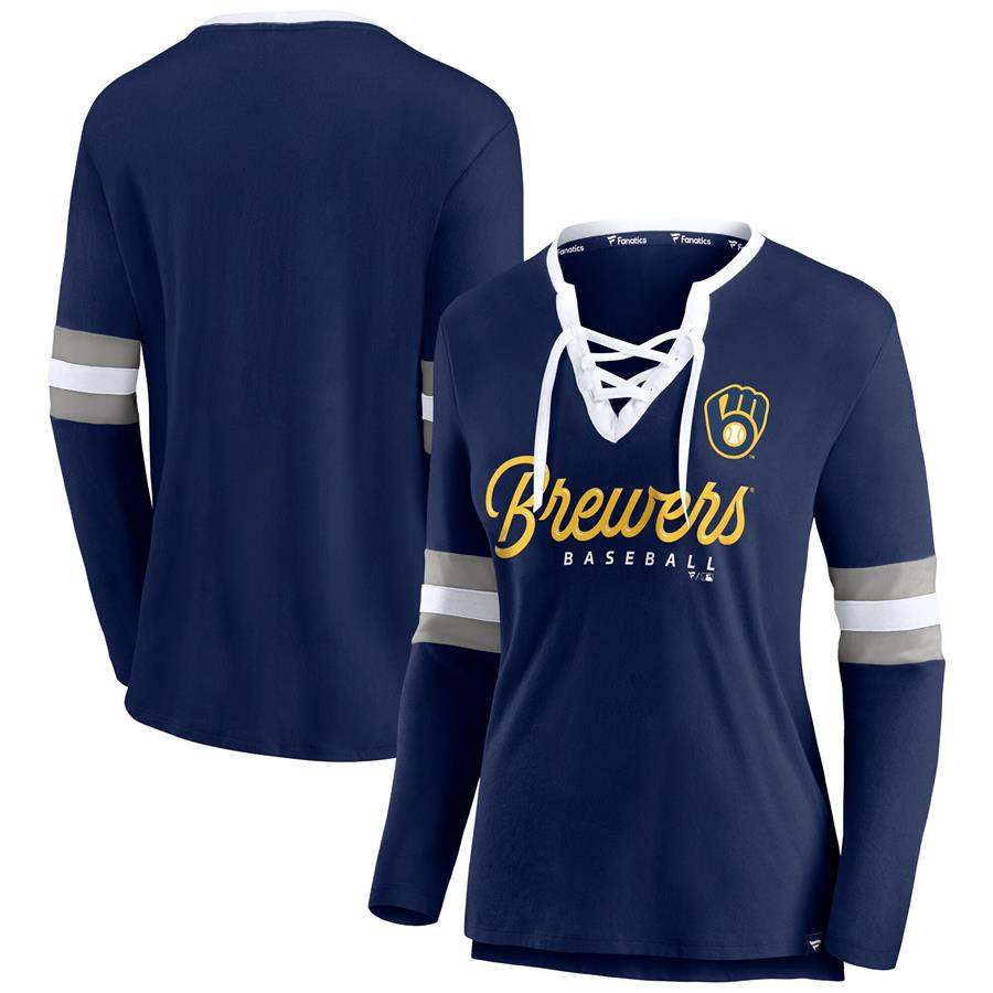 Milwaukee Brewers Fanatics Branded Women's Team Script Long Sleeve Lace-Up Notch Neck T-Shirt - Navy