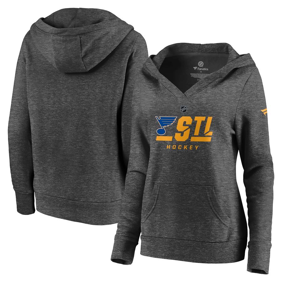 St. Louis Blues Fanatics Branded Women's Authentic Pro Secondary Logo V-Neck Pullover Hoodie - Heathered Charcoal