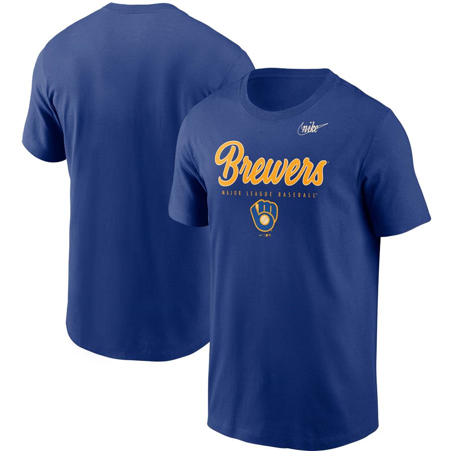 Milwaukee Brewers Nike Cooperstown Collection Wordmark Script Logo T-Shirt - Royal