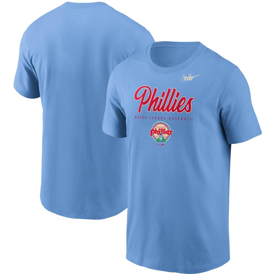 Philadelphia Phillies Nike Cooperstown Collection Wordmark Script Logo T-Shirt - Light Blue