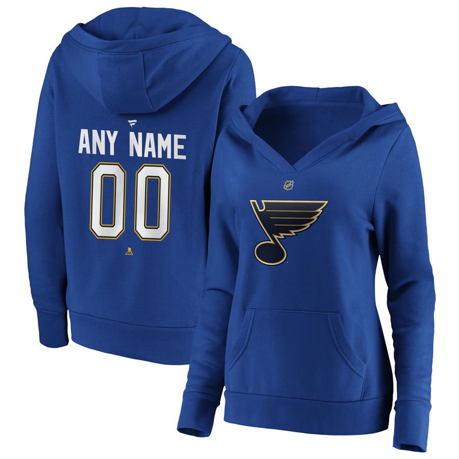 St. Louis Blues Fanatics Branded Women's Team Authentic Personalized Name & Number V-Neck Pullover Hoodie - Royal