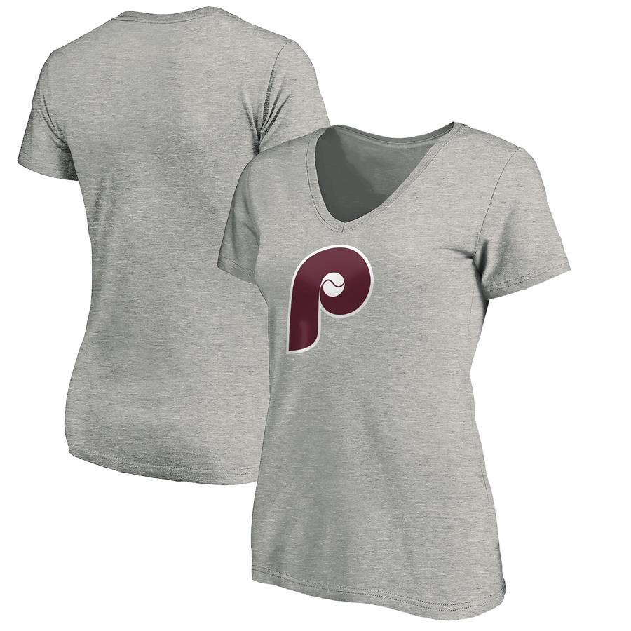 Женская футболка с V-вырезом Philadelphia Phillies Fanatics Branded Cooperstown Collection Huntington Logo (серый меланж)